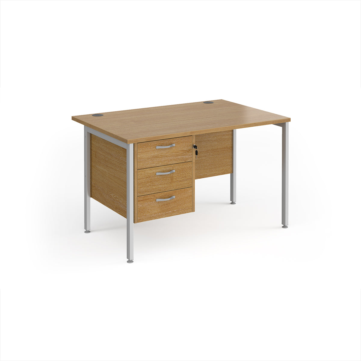 Maestro 25 straight desk 1200mm x 800mm with 3 drawer pedestal - silver H-frame leg, Oak Top - view 1
