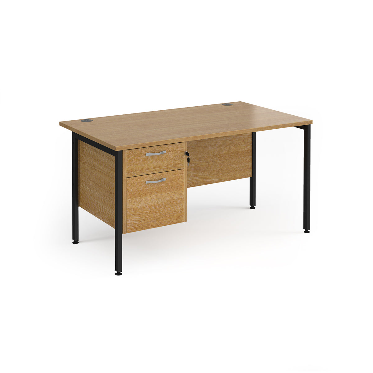 Maestro 25 straight desk 1400mm x 800mm with 2 drawer pedestal - black H-frame leg, Oak Top - view 1