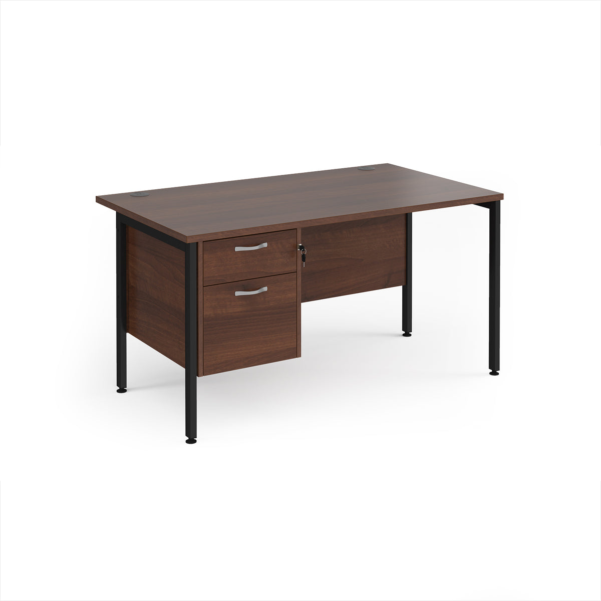 Maestro 25 straight desk 1400mm x 800mm with 2 drawer pedestal - black H-frame leg, Walnut top - view 1