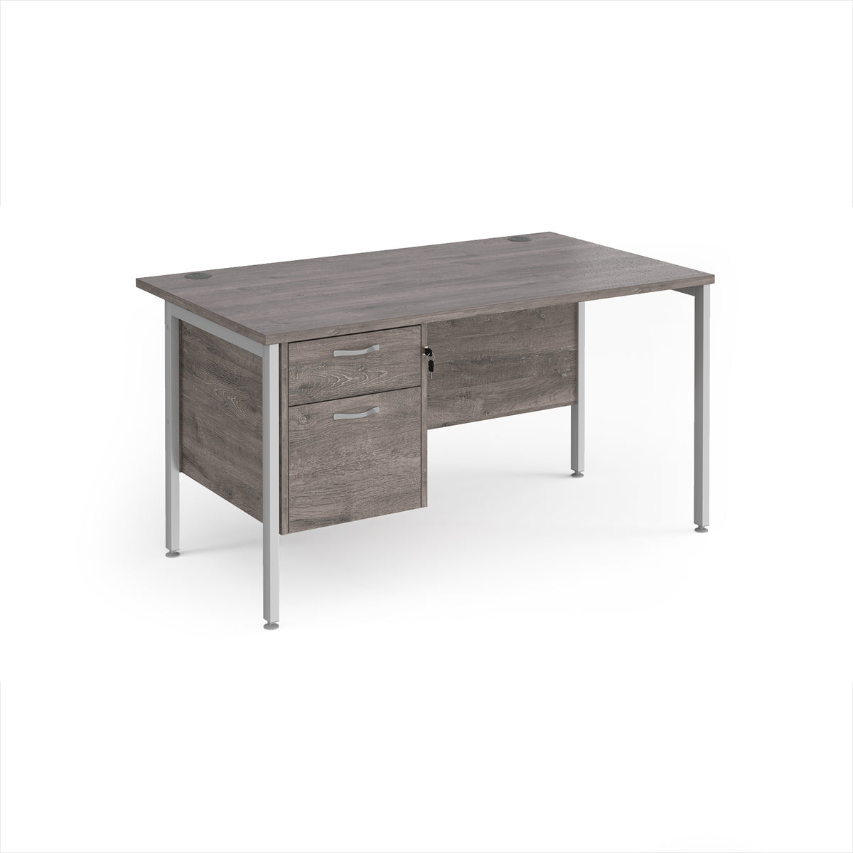 Maestro 25 straight desk 1400mm x 800mm with 2 drawer pedestal - silver H-frame leg, Grey Oak Top - view 1