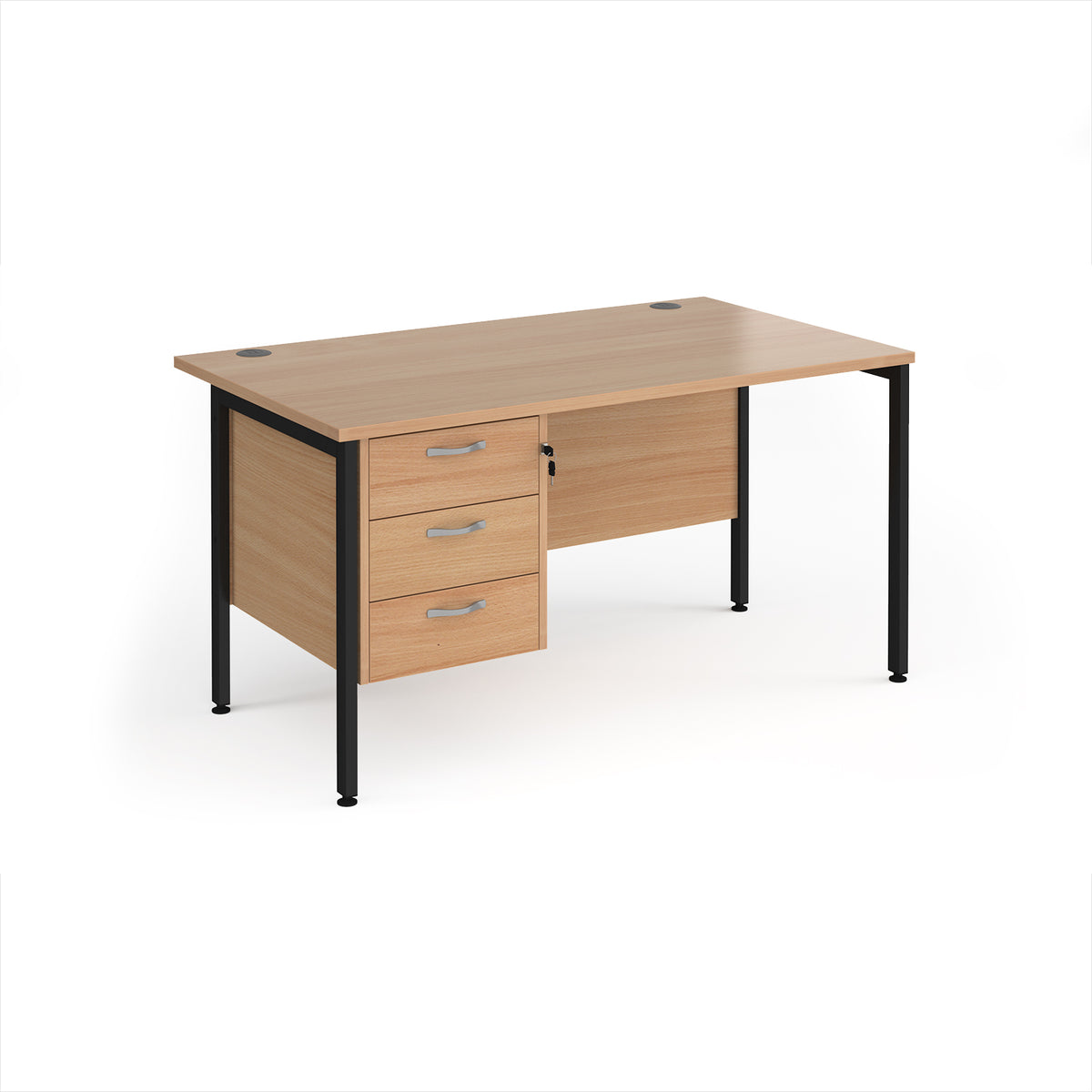 Maestro 25 straight desk 1400mm x 800mm with 3 drawer pedestal - black H-frame leg, Beech top - view 1