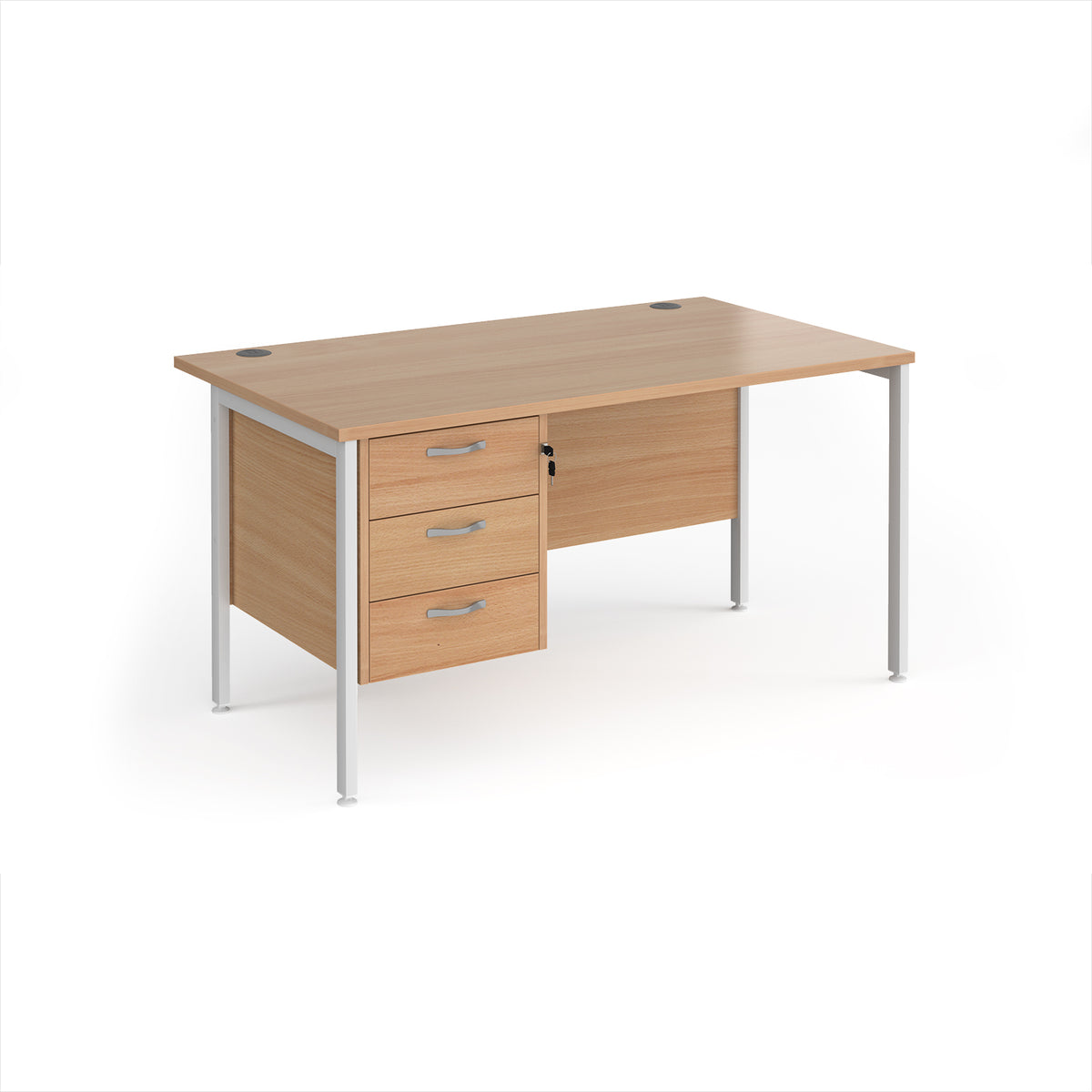 Maestro 25 straight desk 1400mm x 800mm with 3 drawer pedestal - white H-frame leg, Beech top - view 1