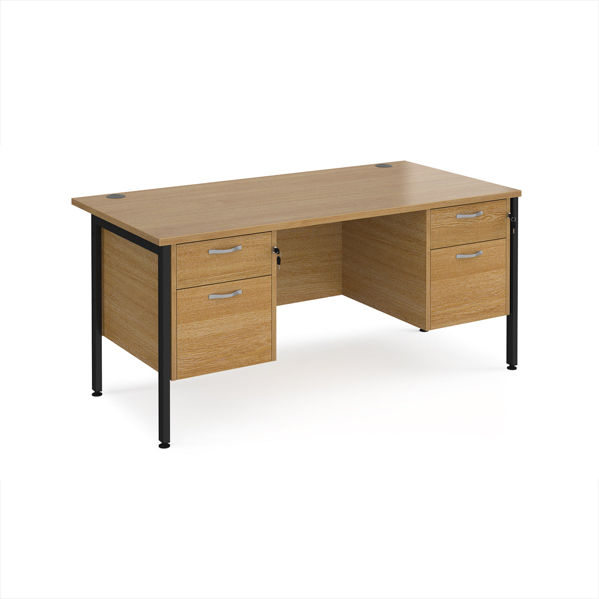 Maestro 25 straight desk 1600mm x 800mm with two x 2 drawer pedestals - black H-frame leg, Oak Top - view 1