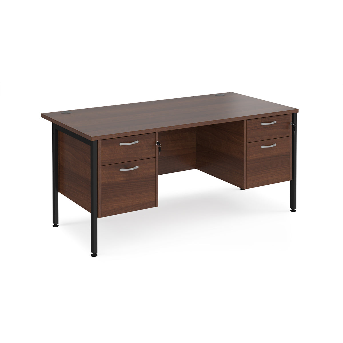 Maestro 25 straight desk 1600mm x 800mm with two x 2 drawer pedestals - black H-frame leg, Walnut top - view 1