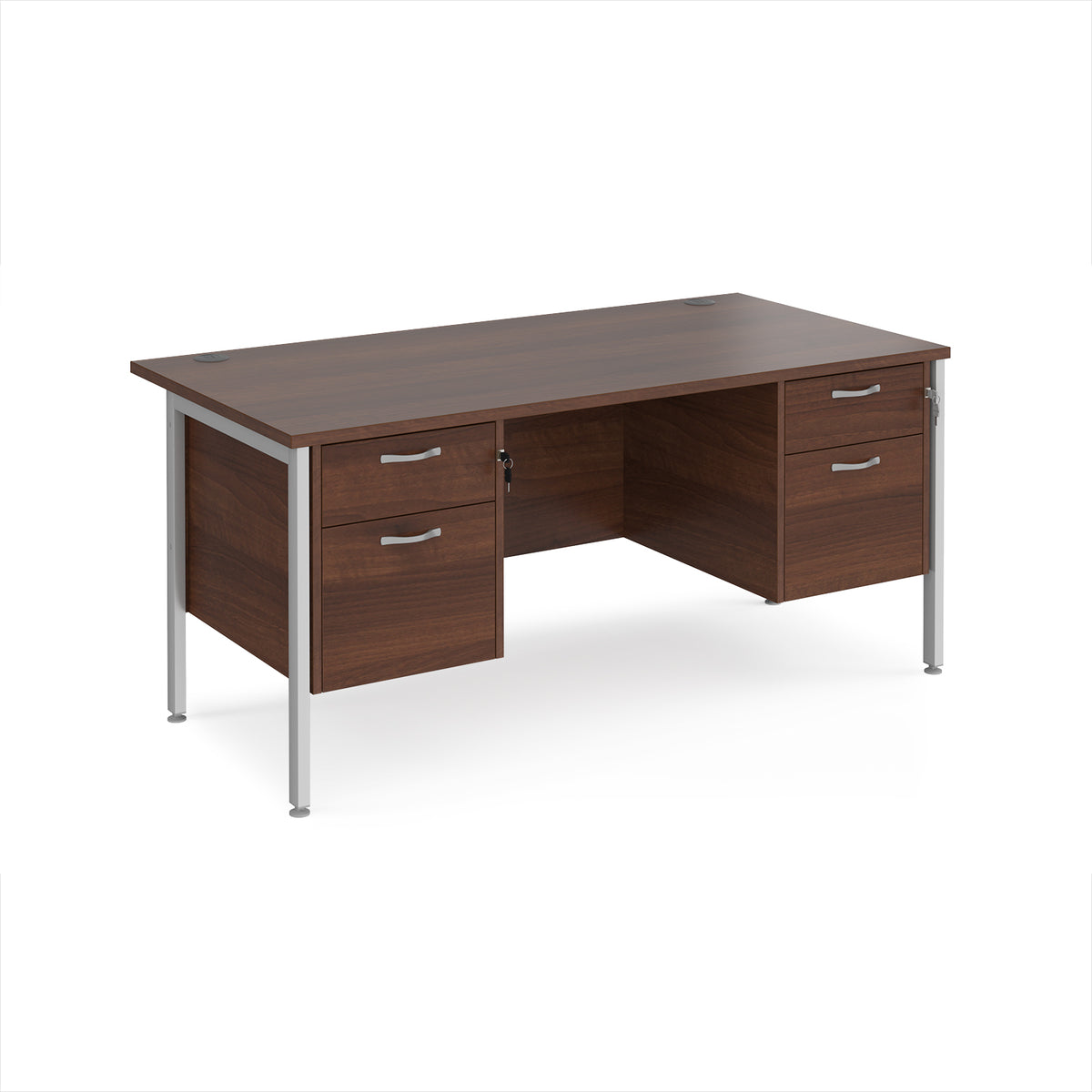 Maestro 25 straight desk 1600mm x 800mm with two x 2 drawer pedestals - silver H-frame leg, Walnut top - view 1