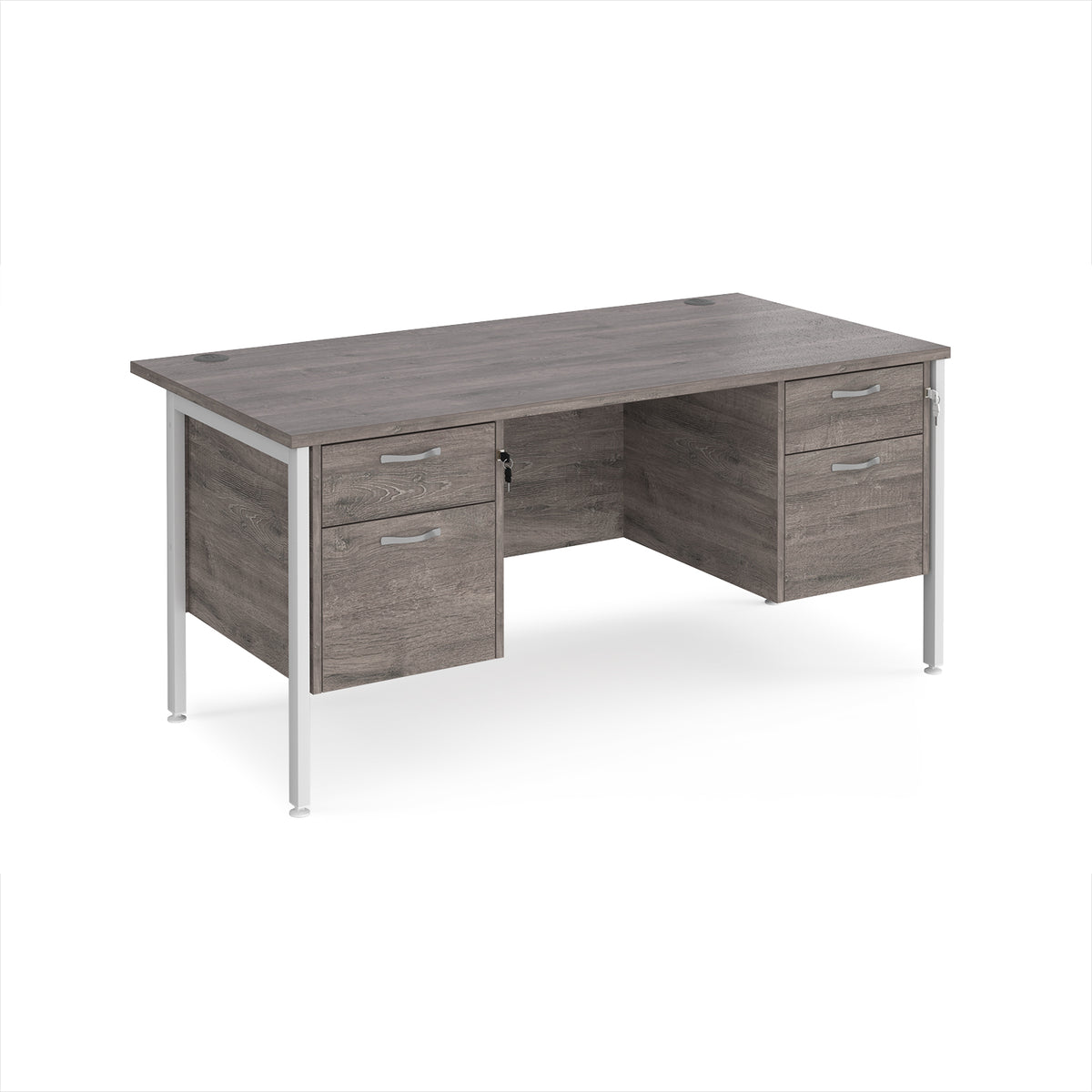 Maestro 25 straight desk 1600mm x 800mm with two x 2 drawer pedestals - white H-frame leg, Grey Oak Top - view 1