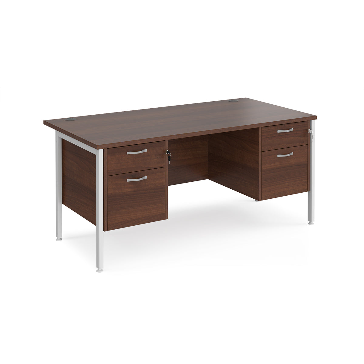 Maestro 25 straight desk 1600mm x 800mm with two x 2 drawer pedestals - white H-frame leg, Walnut top - view 1