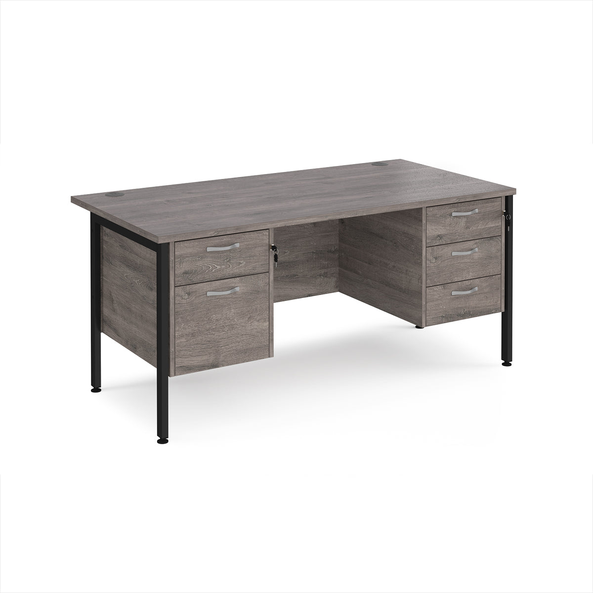 Maestro 25 straight desk 1600mm x 800mm with 2 and 3 drawer pedestals - black H-frame leg, Grey Oak Top - view 1