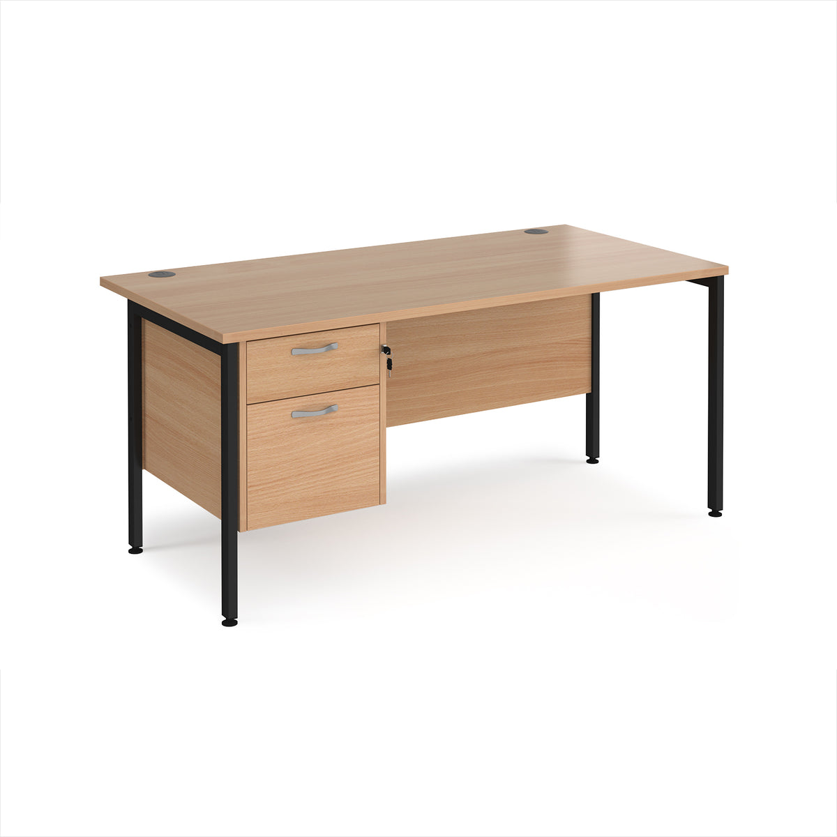 Maestro 25 straight desk 1600mm x 800mm with 2 drawer pedestal - black H-frame leg, Beech top - view 1