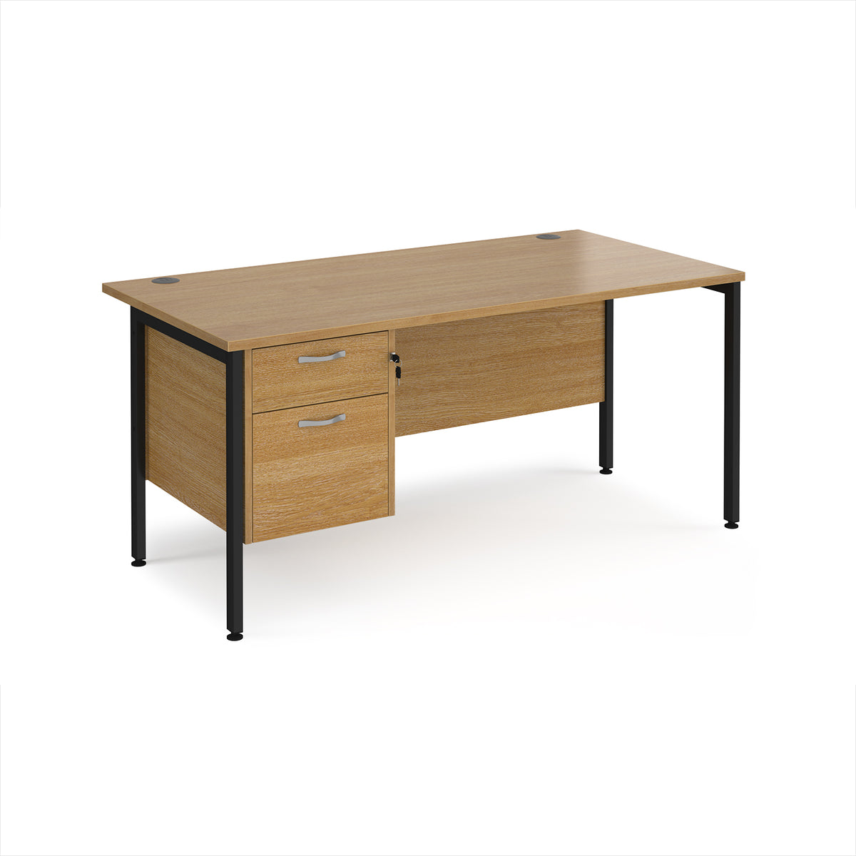 Maestro 25 straight desk 1600mm x 800mm with 2 drawer pedestal - black H-frame leg, Oak Top - view 1