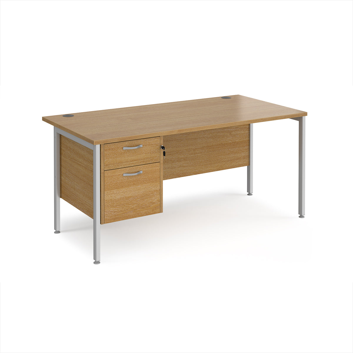 Maestro 25 straight desk 1600mm x 800mm with 2 drawer pedestal - silver H-frame leg, Oak Top - view 1