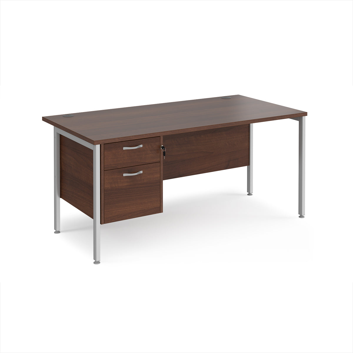Maestro 25 straight desk 1600mm x 800mm with 2 drawer pedestal - silver H-frame leg, Walnut top - view 1