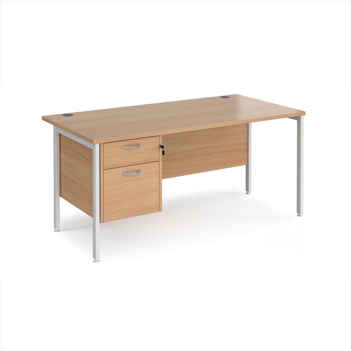 Maestro 25 straight desk 1600mm x 800mm with 2 drawer pedestal - white H-frame leg, Beech top - view 1