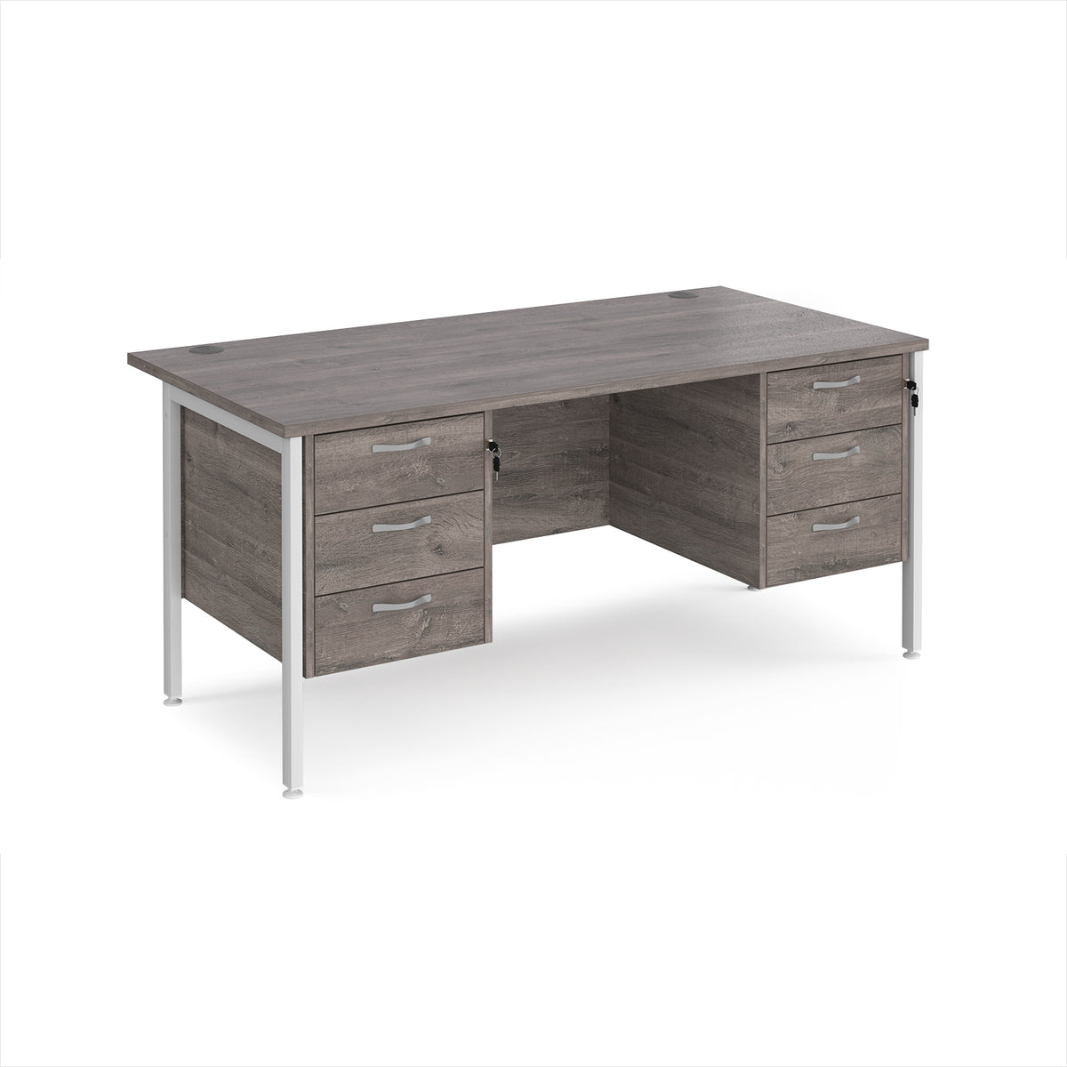 Maestro 25 straight desk 1600mm x 800mm with two x 3 drawer pedestals - white H-frame leg, Grey Oak Top - view 1