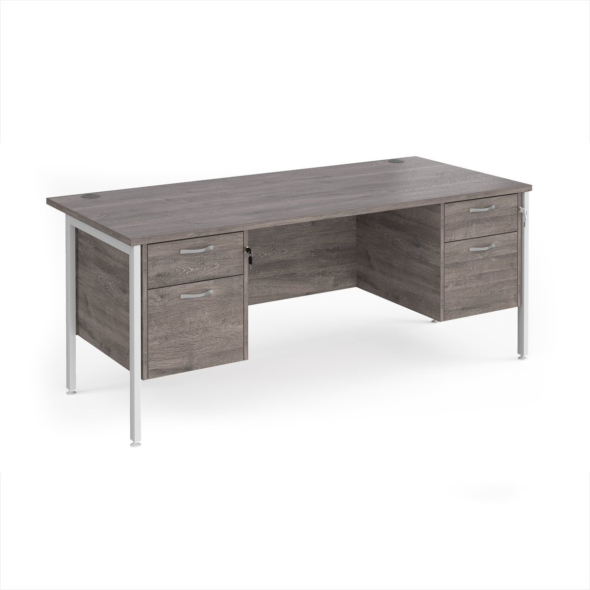 Maestro 25 straight desk 1800mm x 800mm with two x 2 drawer pedestals - white H-frame leg, Grey Oak Top - view 1