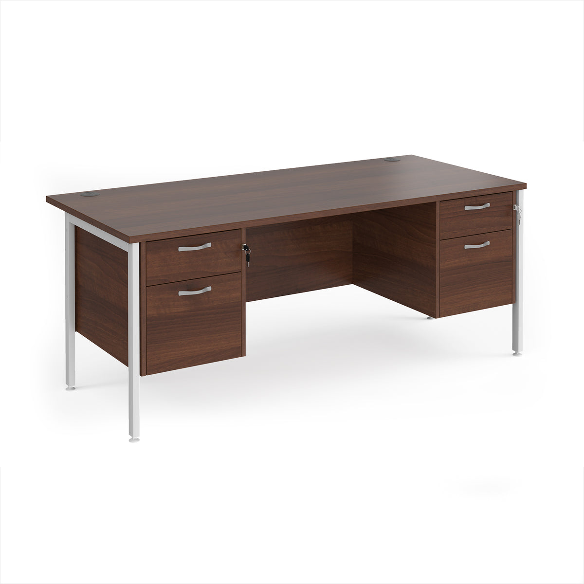 Maestro 25 straight desk 1800mm x 800mm with two x 2 drawer pedestals - white H-frame leg, Walnut top - view 1