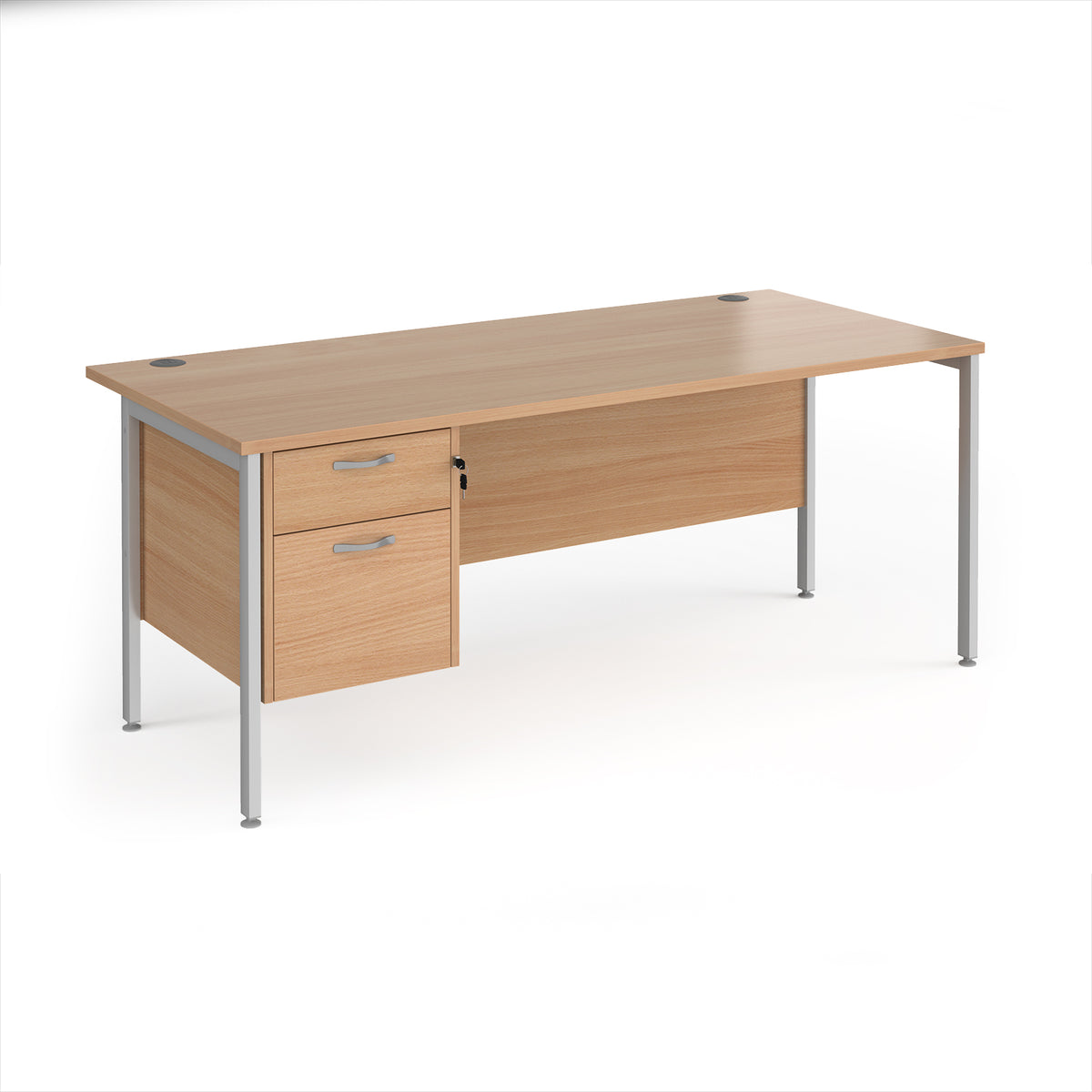 Maestro 25 straight desk 1800mm x 800mm with 2 drawer pedestal - silver H-frame leg, Beech top - view 1