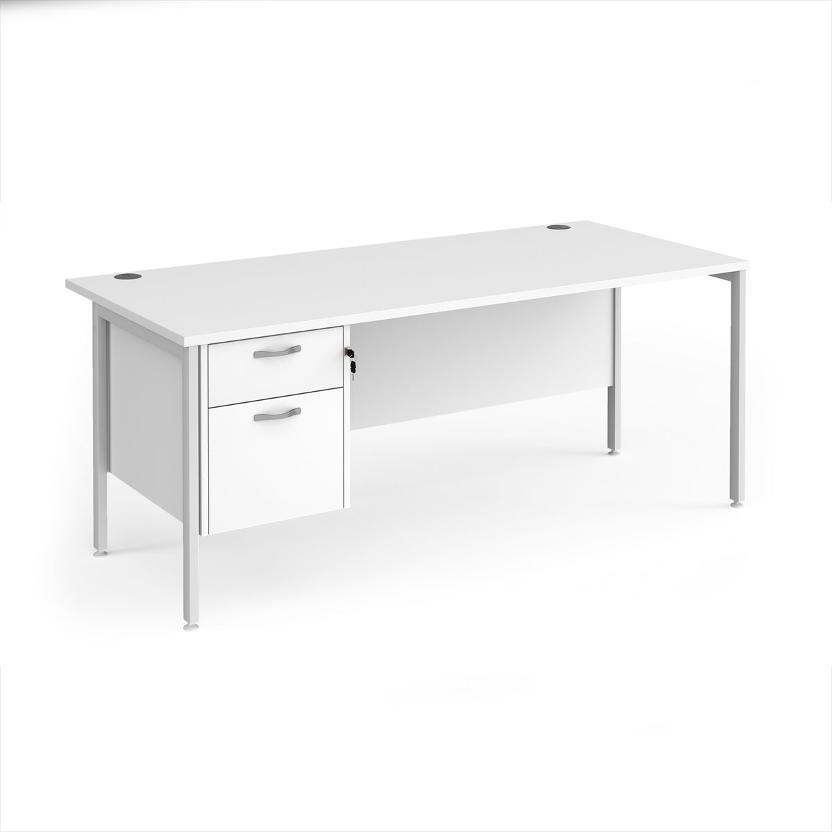Maestro 25 straight desk 1800mm x 800mm with 2 drawer pedestal - white H-frame leg, White Top - view 1