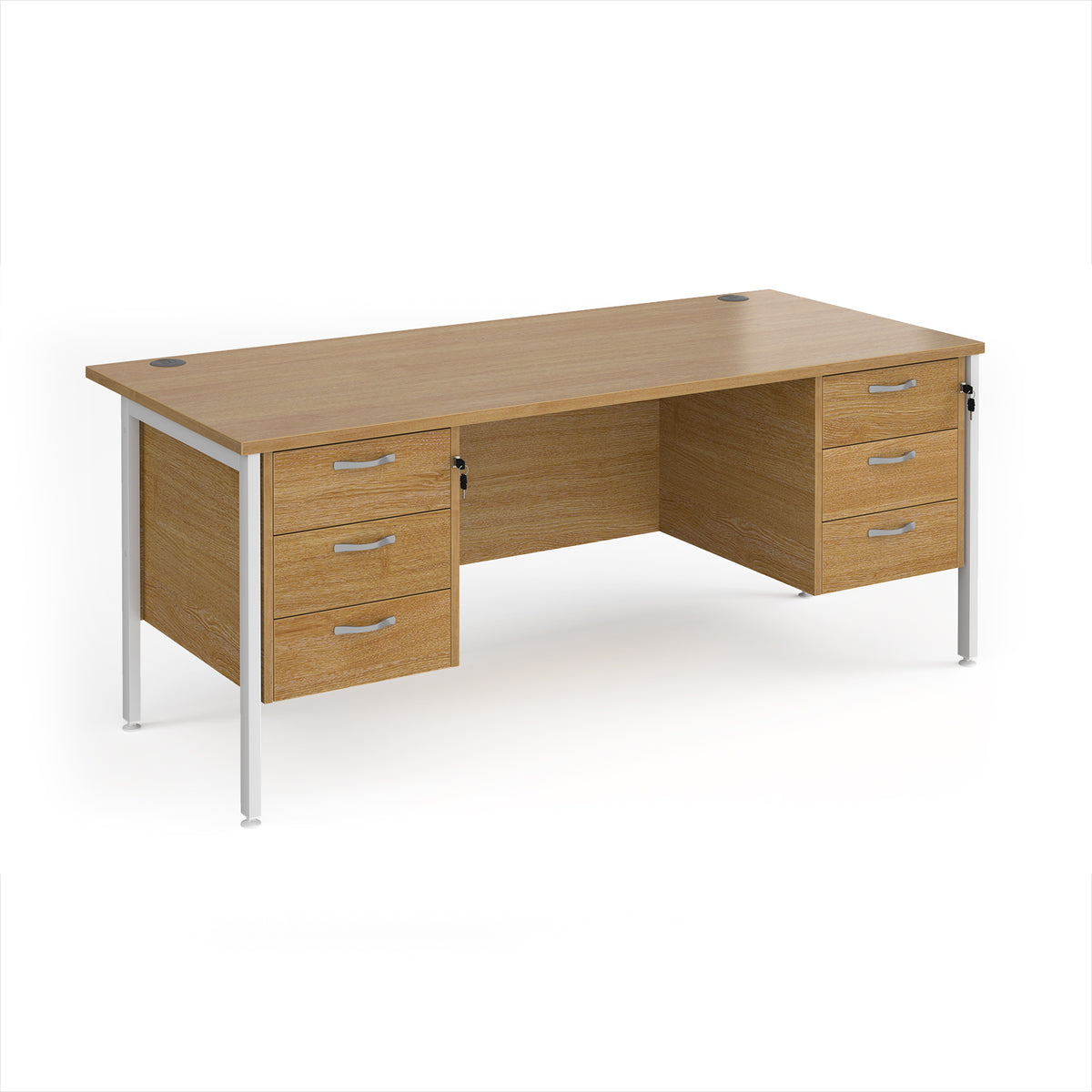 Maestro 25 straight desk 1800mm x 800mm with two x 3 drawer pedestals - white H-frame leg, Oak Top - view 1
