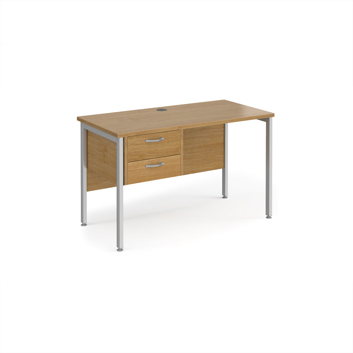 Maestro 25 straight desk 1200mm x 600mm with 2 drawer pedestal - silver H-frame leg, Oak Top - view 1