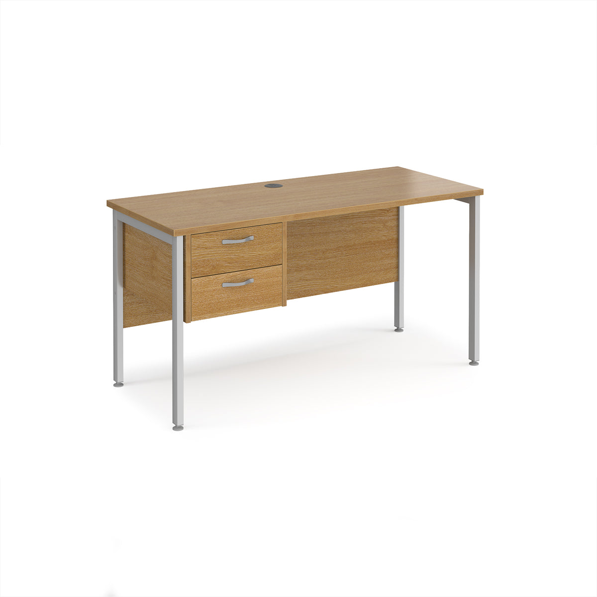 Maestro 25 straight desk 1400mm x 600mm with 2 drawer pedestal - silver H-frame leg, Oak Top - view 1