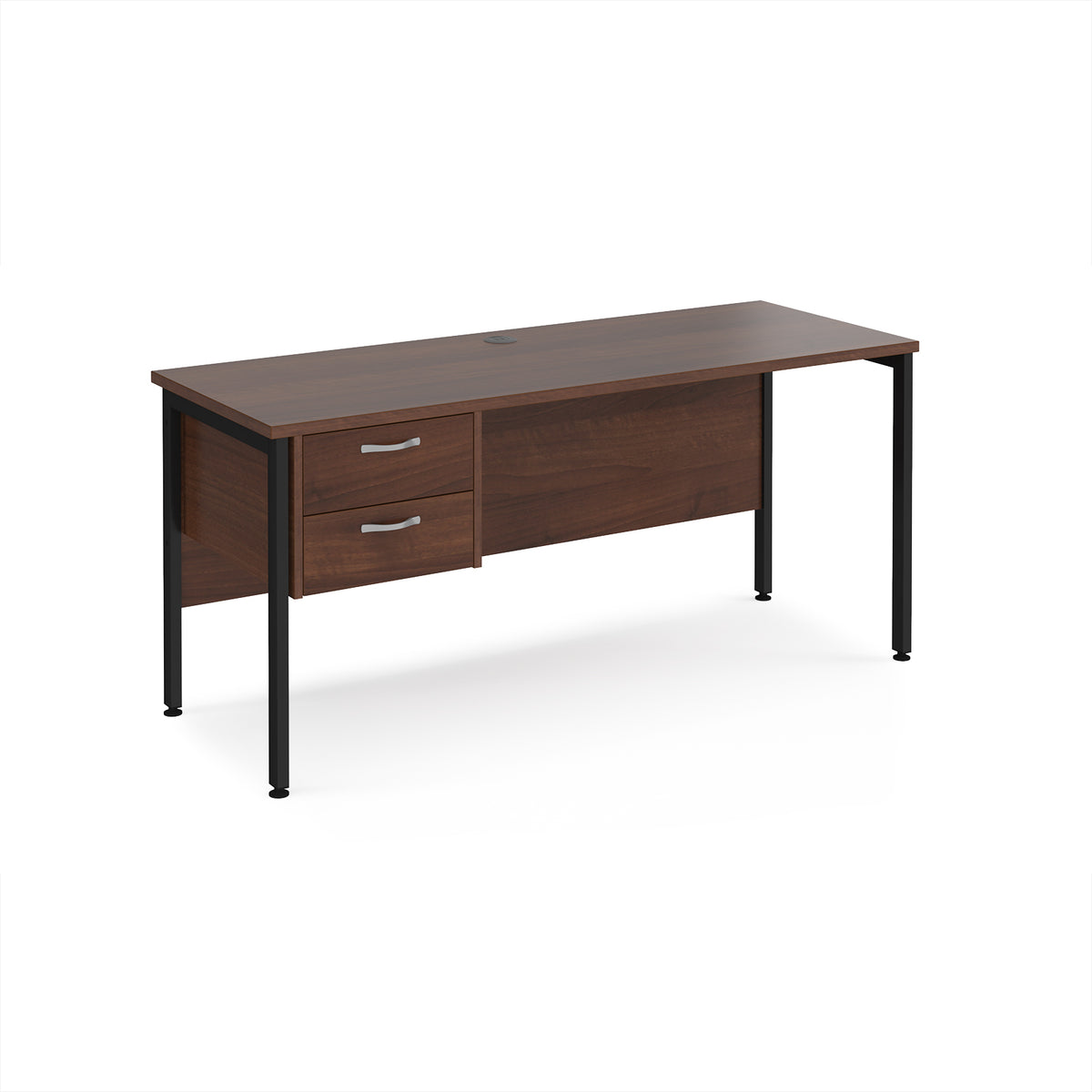 Maestro 25 straight desk 1600mm x 600mm with 2 drawer pedestal - black H-frame leg, Walnut top - view 1
