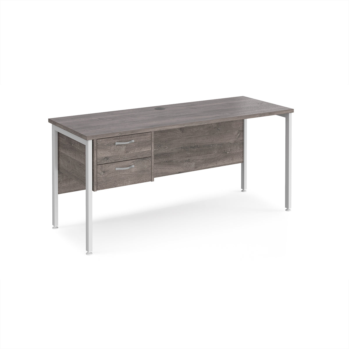 Maestro 25 straight desk 1600mm x 600mm with 2 drawer pedestal - white H-frame leg, Grey Oak Top - view 1