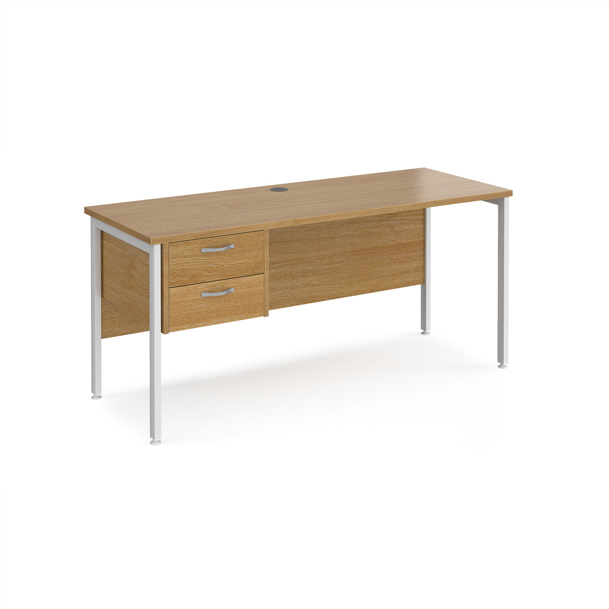 Maestro 25 straight desk 1600mm x 600mm with 2 drawer pedestal - white H-frame leg, Oak Top - view 1