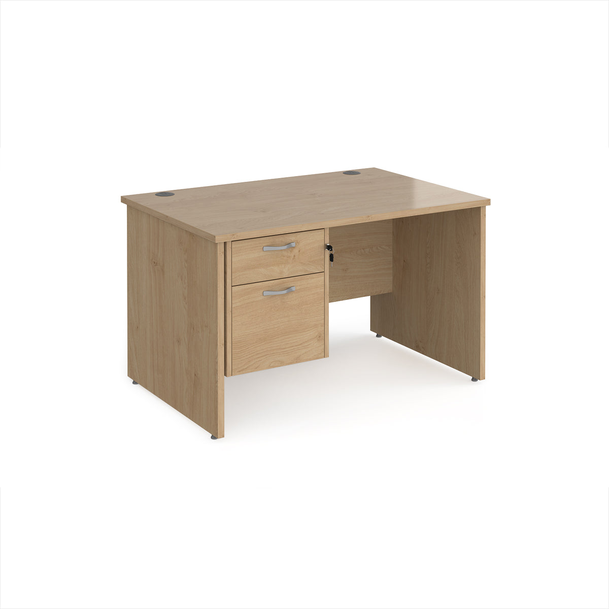 Maestro 25 straight desk 1200mm x 800mm with 2 drawer pedestal - Kendal Oak Top with panel end leg - view 1