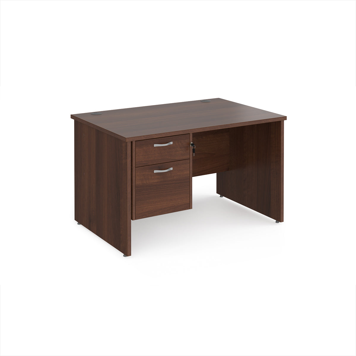 Maestro 25 straight desk 1200mm x 800mm with 2 drawer pedestal - Walnut top with panel end leg - view 1