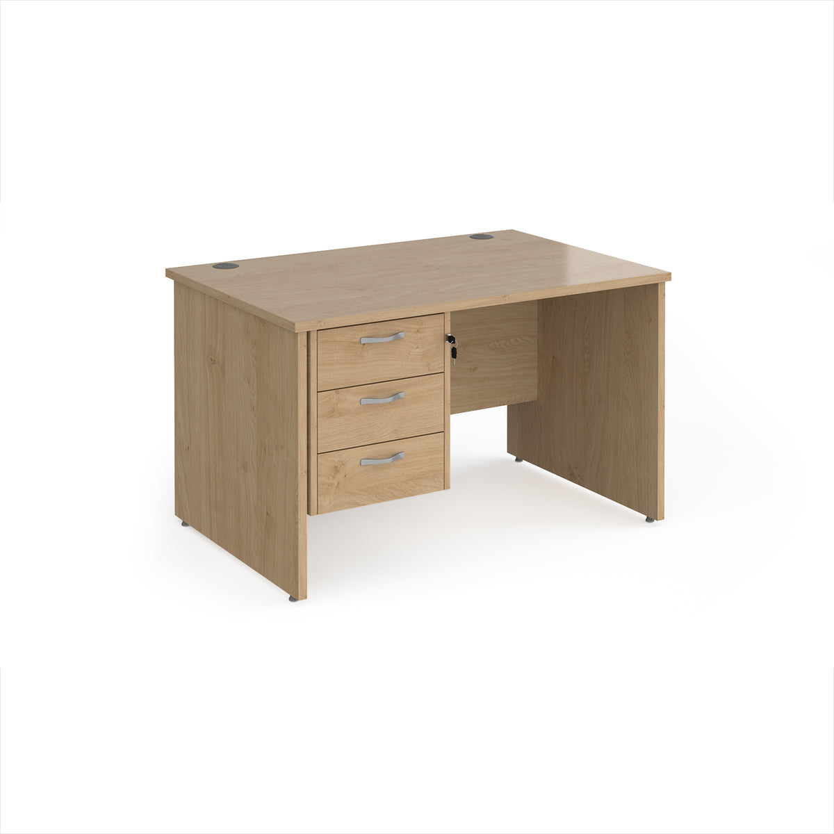 Maestro 25 straight desk 1200mm x 800mm with 3 drawer pedestal - Kendal Oak Top with panel end leg - view 1