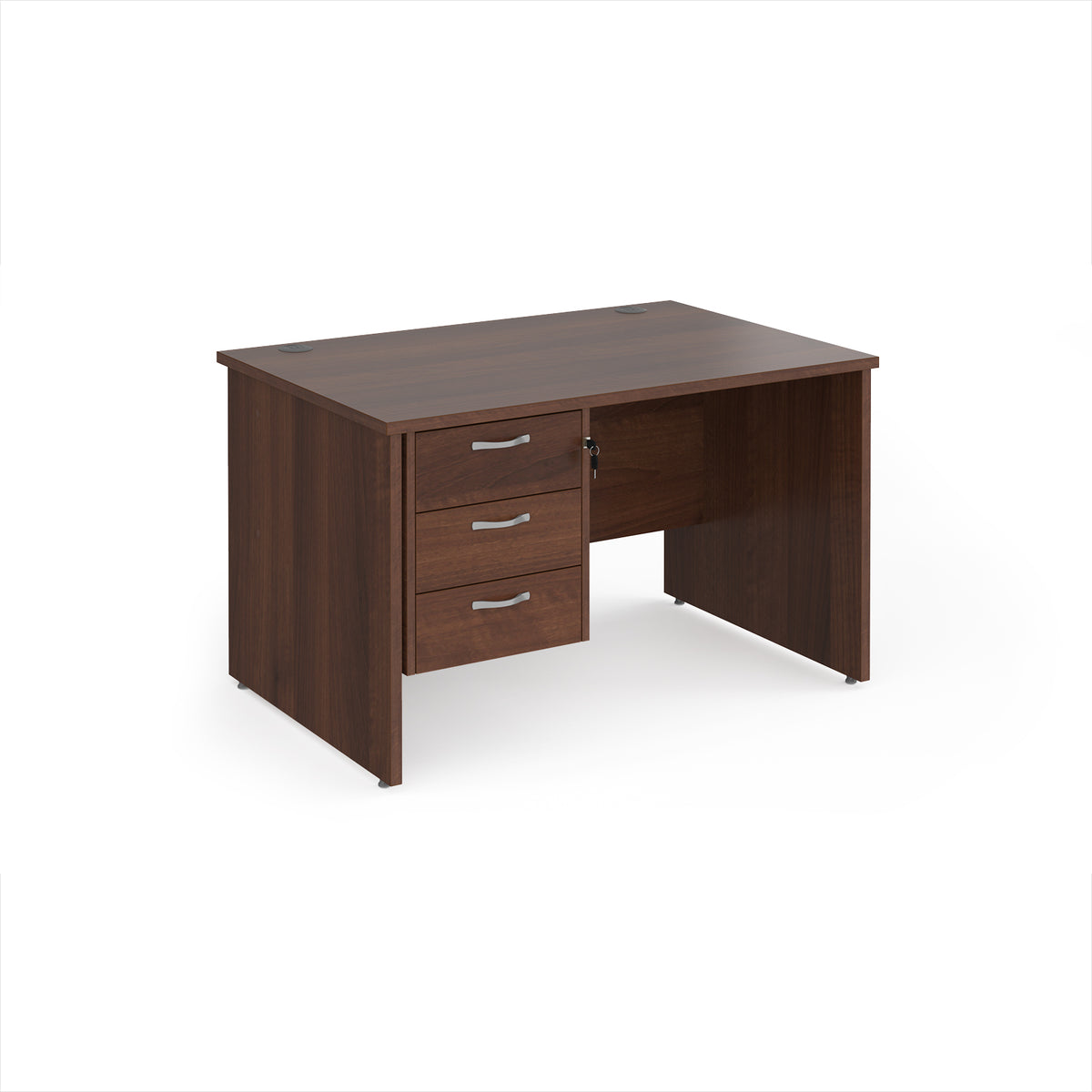 Maestro 25 straight desk 1200mm x 800mm with 3 drawer pedestal - Walnut top with panel end leg - view 1