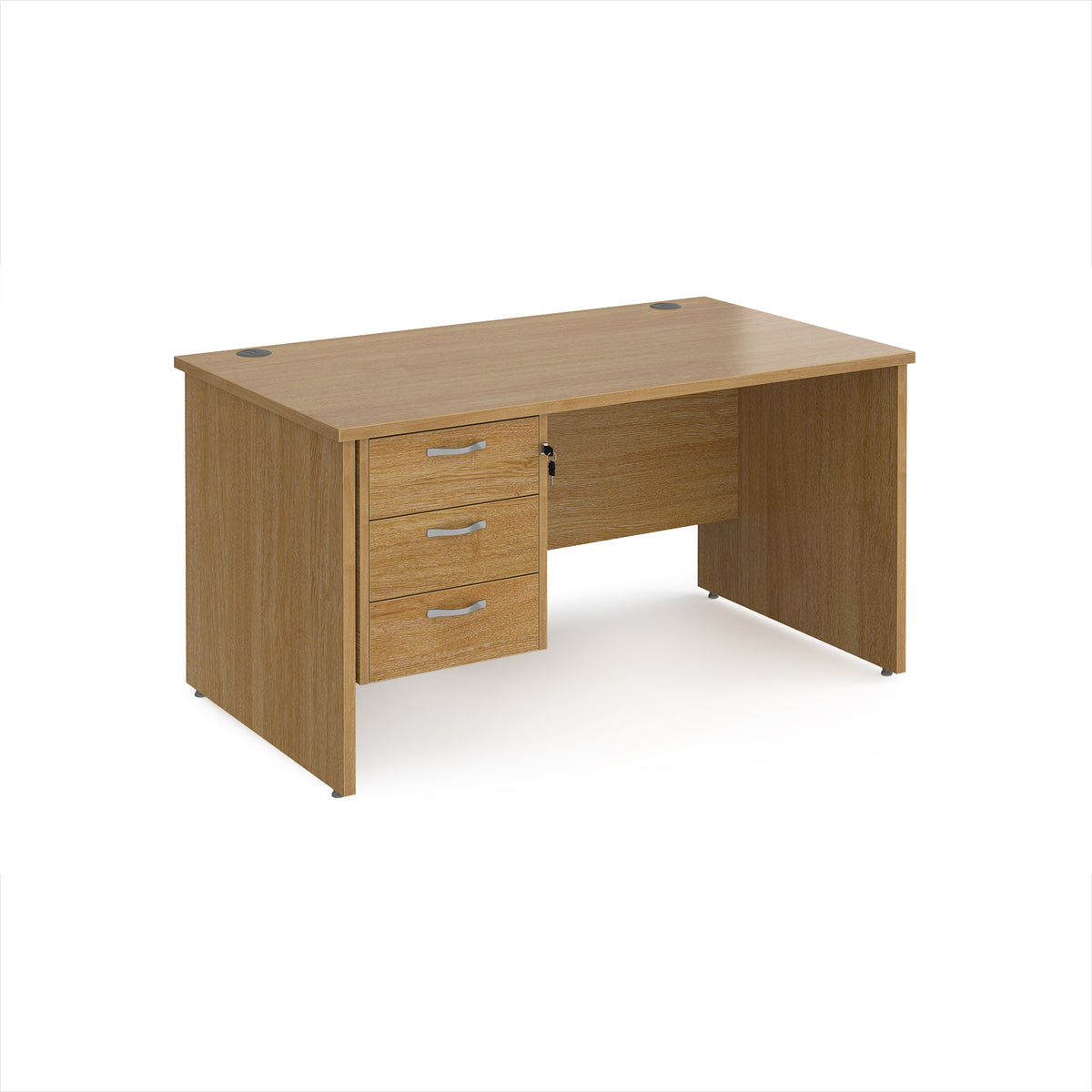 Maestro 25 straight desk 1400mm x 800mm with 3 drawer pedestal - Oak Top with panel end leg - view 1