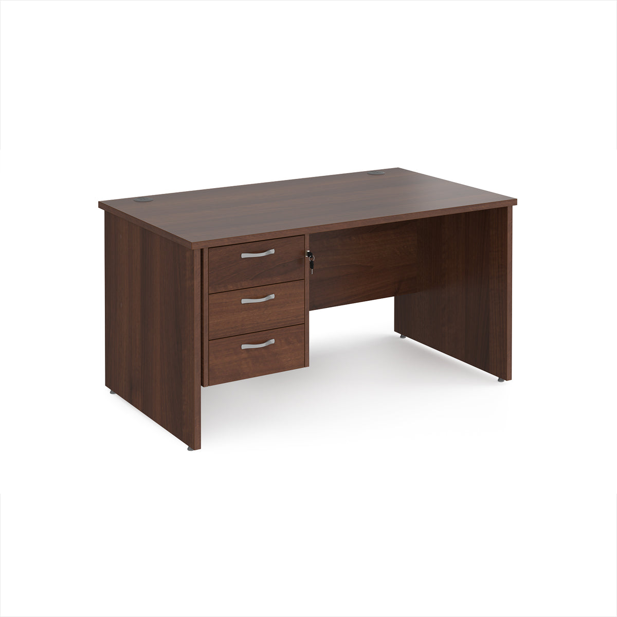 Maestro 25 straight desk 1400mm x 800mm with 3 drawer pedestal - Walnut top with panel end leg - view 1