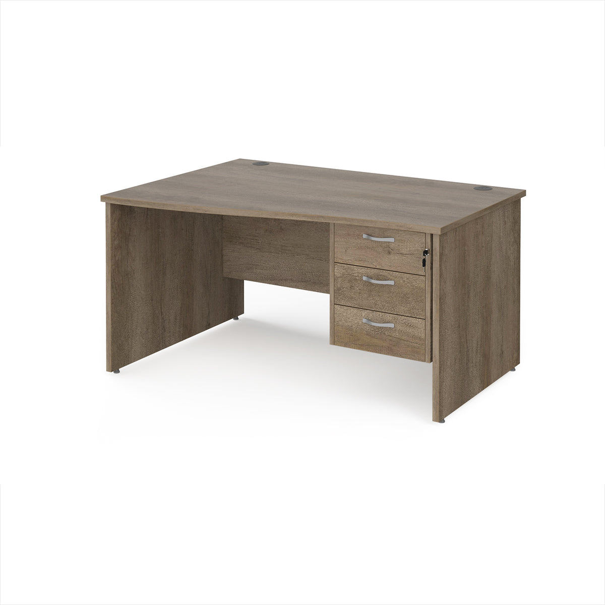 Maestro 25 left hand wave desk 1400mm wide with 3 drawer pedestal - Nebraska Oak Top with panel end leg - view 1