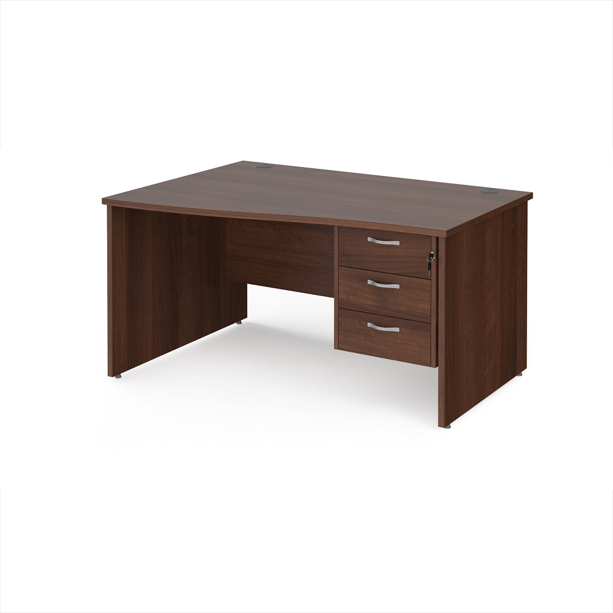 Maestro 25 left hand wave desk 1400mm wide with 3 drawer pedestal - Walnut top with panel end leg - view 1