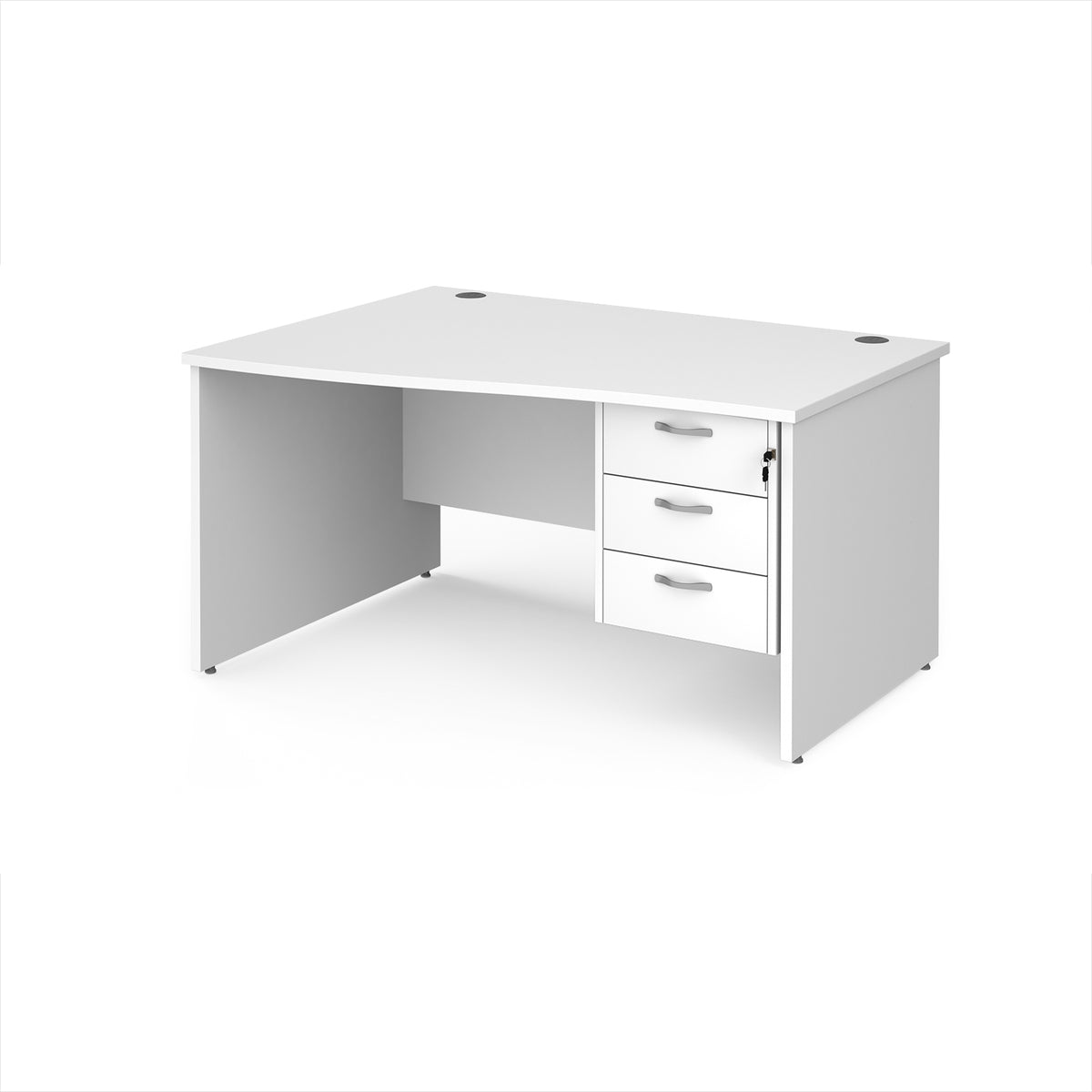Maestro 25 left hand wave desk 1400mm wide with 3 drawer pedestal - White Top with panel end leg - view 1