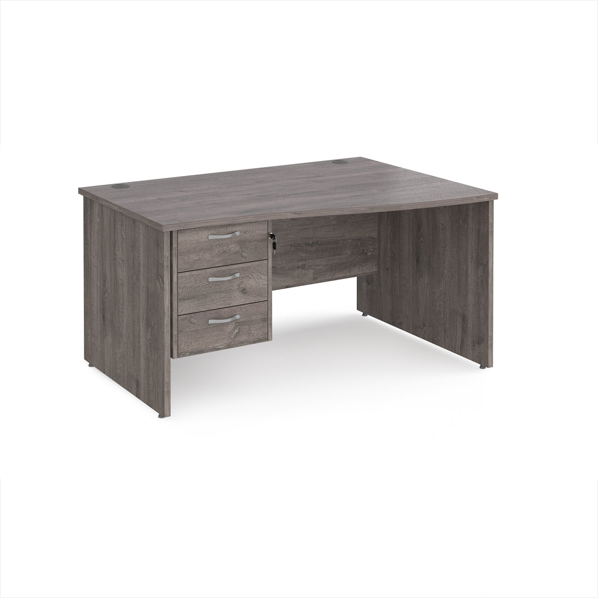 Maestro 25 right hand wave desk 1400mm wide with 3 drawer pedestal - Grey Oak Top with panel end leg - view 1