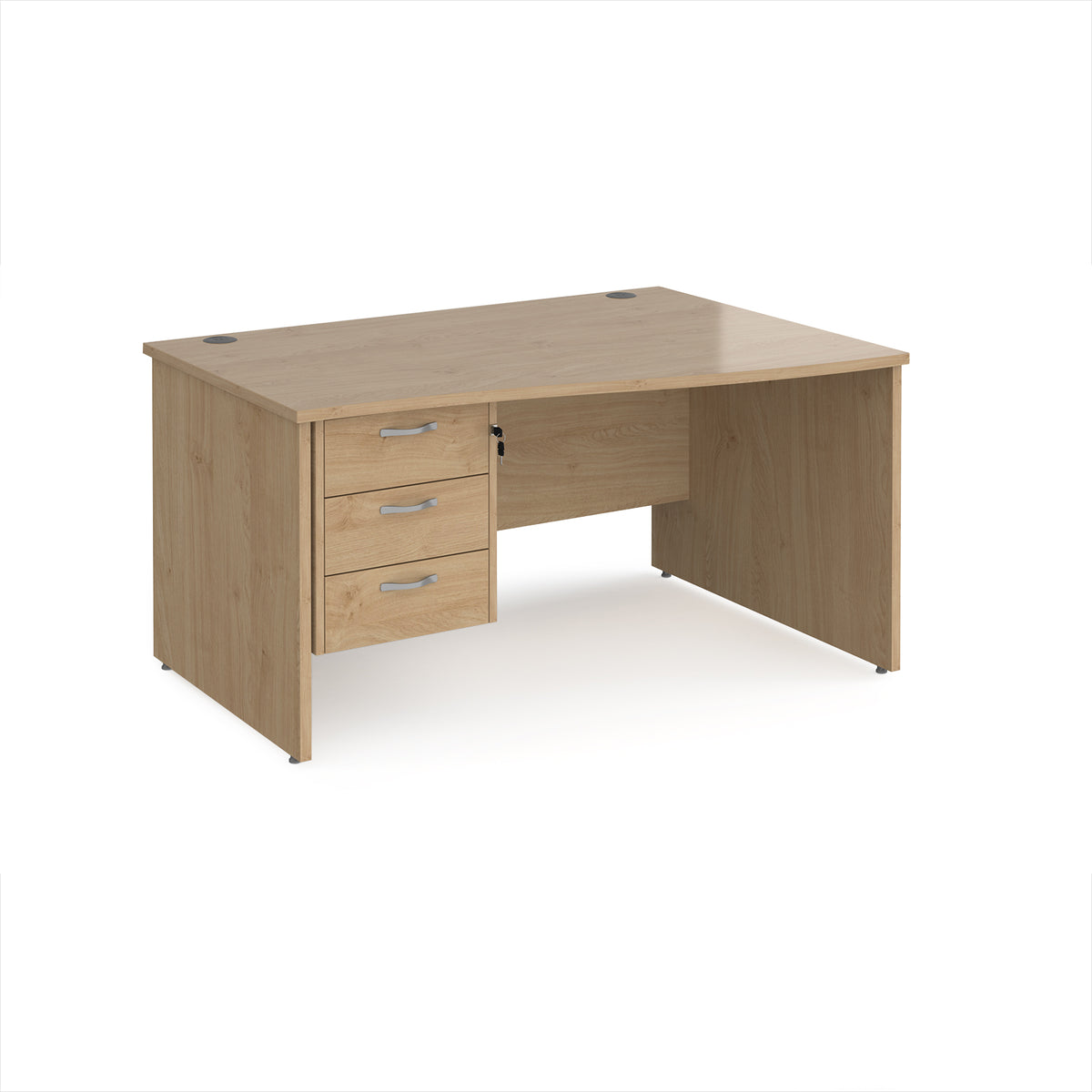 Maestro 25 right hand wave desk 1400mm wide with 3 drawer pedestal - Kendal Oak Top with panel end leg - view 1