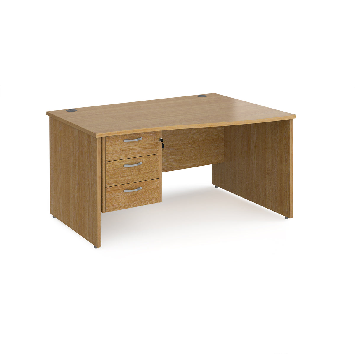 Maestro 25 right hand wave desk 1400mm wide with 3 drawer pedestal - Oak Top with panel end leg - view 1