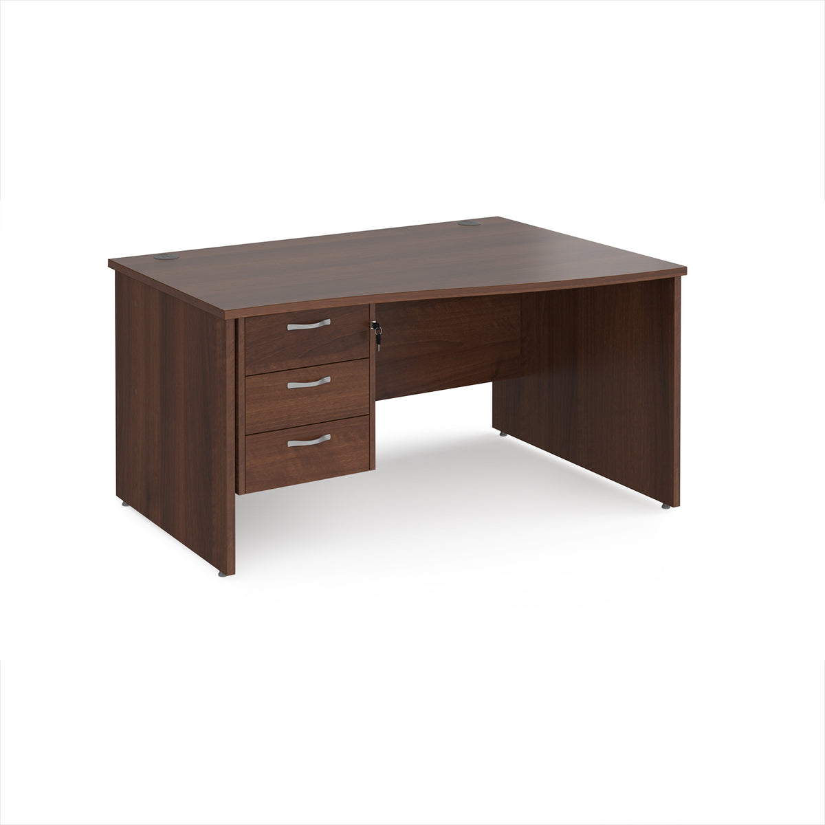 Maestro 25 right hand wave desk 1400mm wide with 3 drawer pedestal - Walnut top with panel end leg - view 1