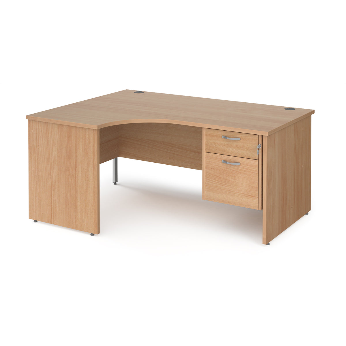 Maestro 25 left hand ergonomic desk 1600mm wide with 2 drawer pedestal - Beech top with panel end leg - view 1