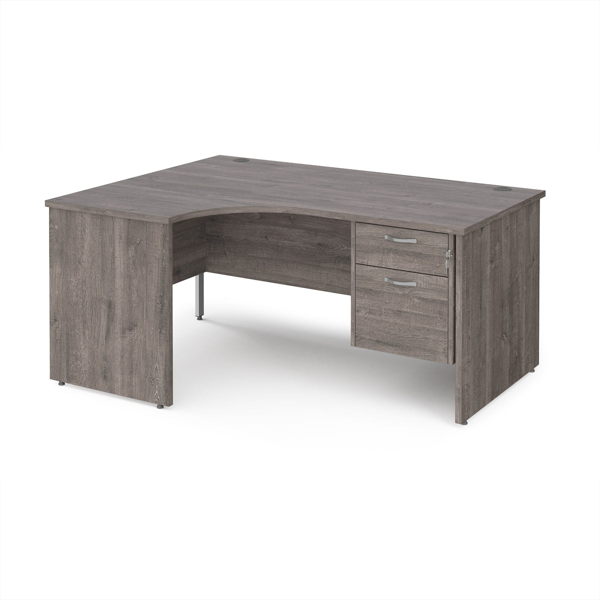 Maestro 25 left hand ergonomic desk 1600mm wide with 2 drawer pedestal - Grey Oak Top with panel end leg - view 1