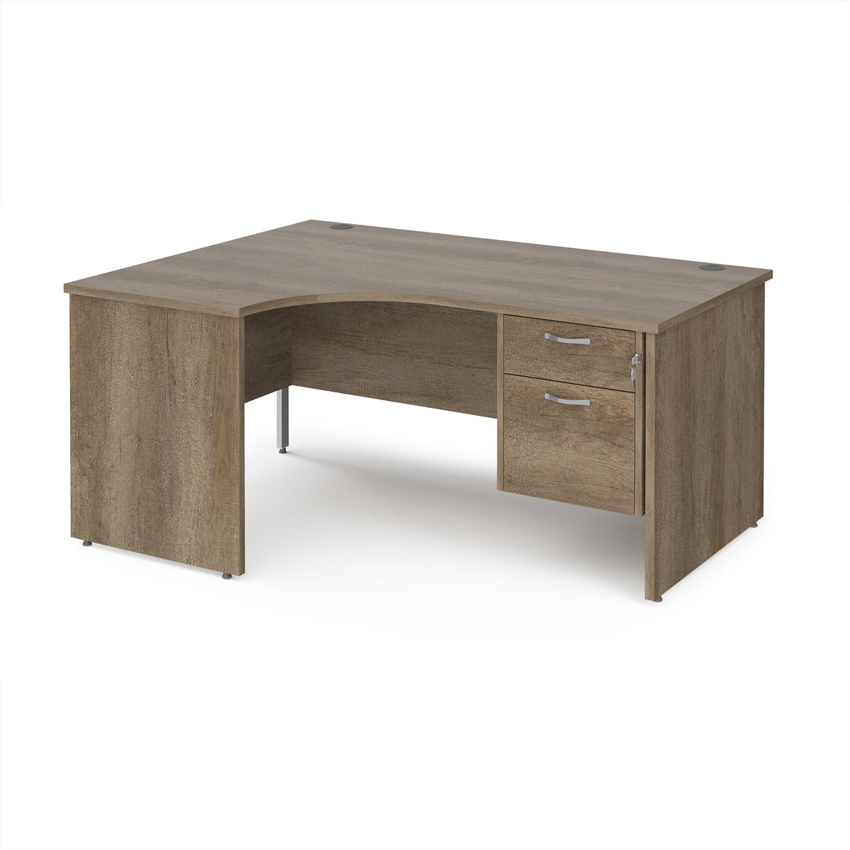 Maestro 25 left hand ergonomic desk 1600mm wide with 2 drawer pedestal - Nebraska Oak Top with panel end leg - view 1