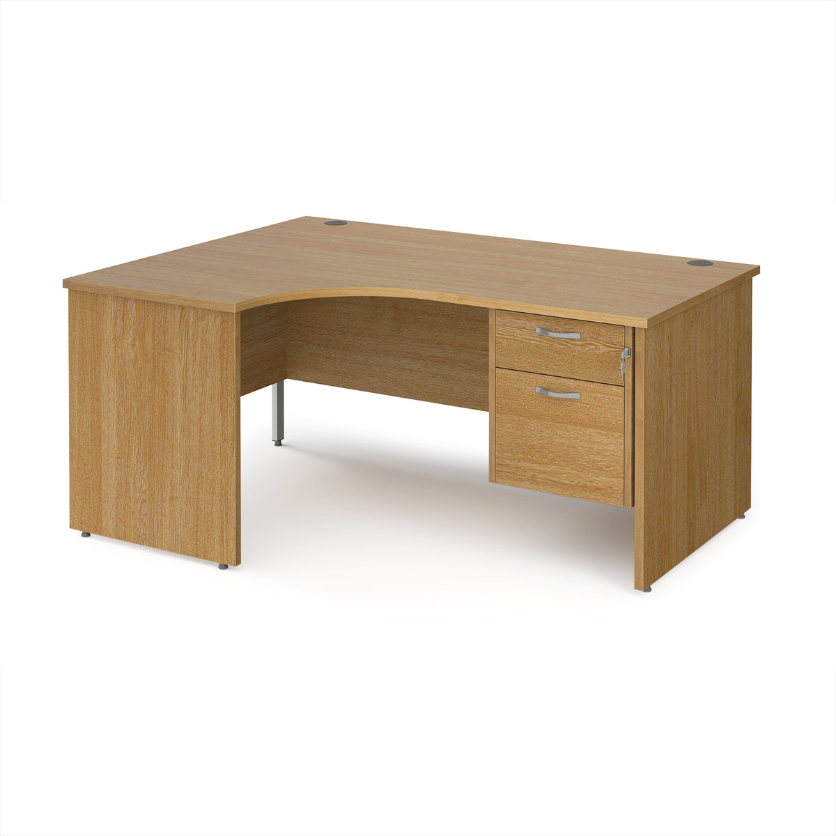 Maestro 25 left hand ergonomic desk 1600mm wide with 2 drawer pedestal - Oak Top with panel end leg - view 1