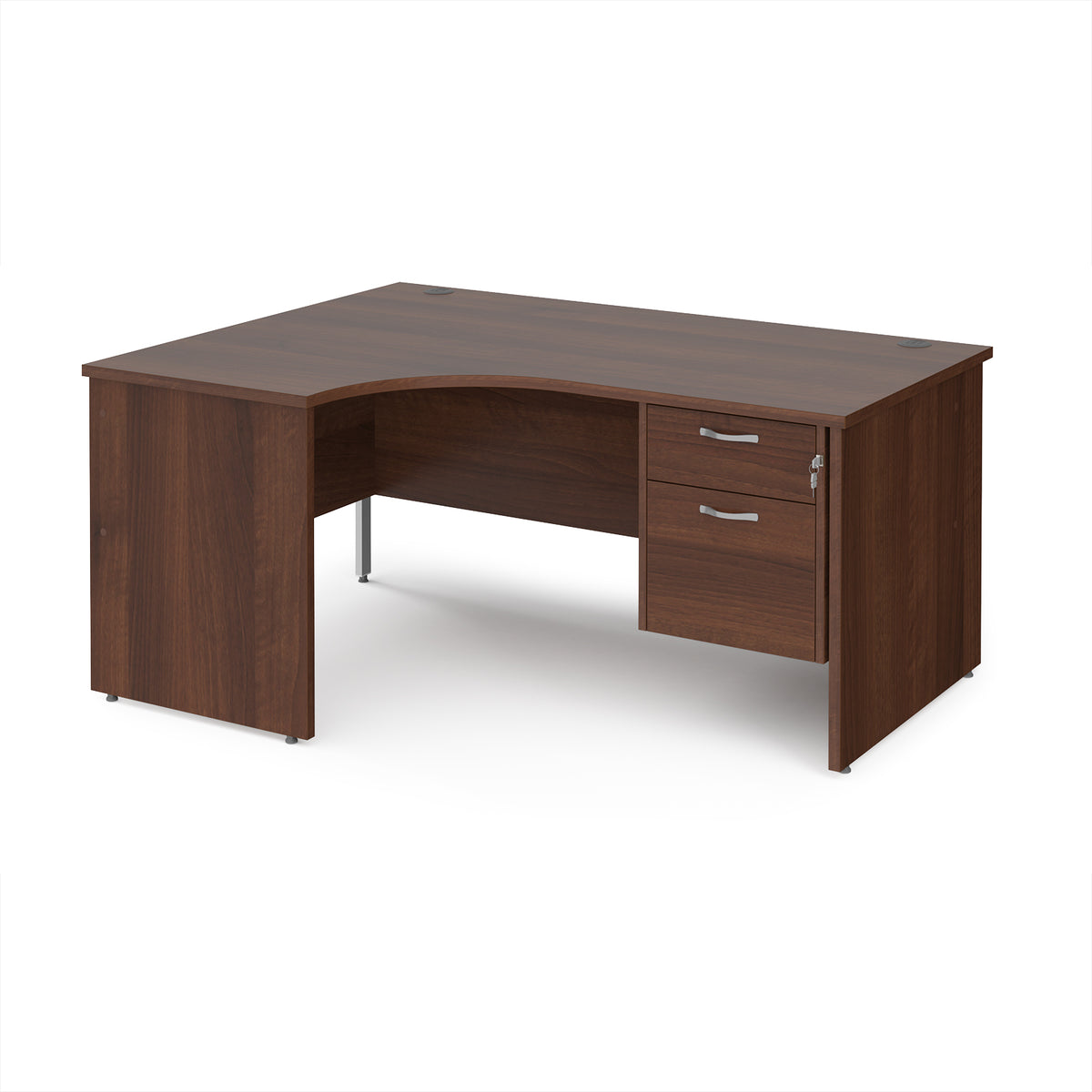 Maestro 25 left hand ergonomic desk 1600mm wide with 2 drawer pedestal - Walnut top with panel end leg - view 1