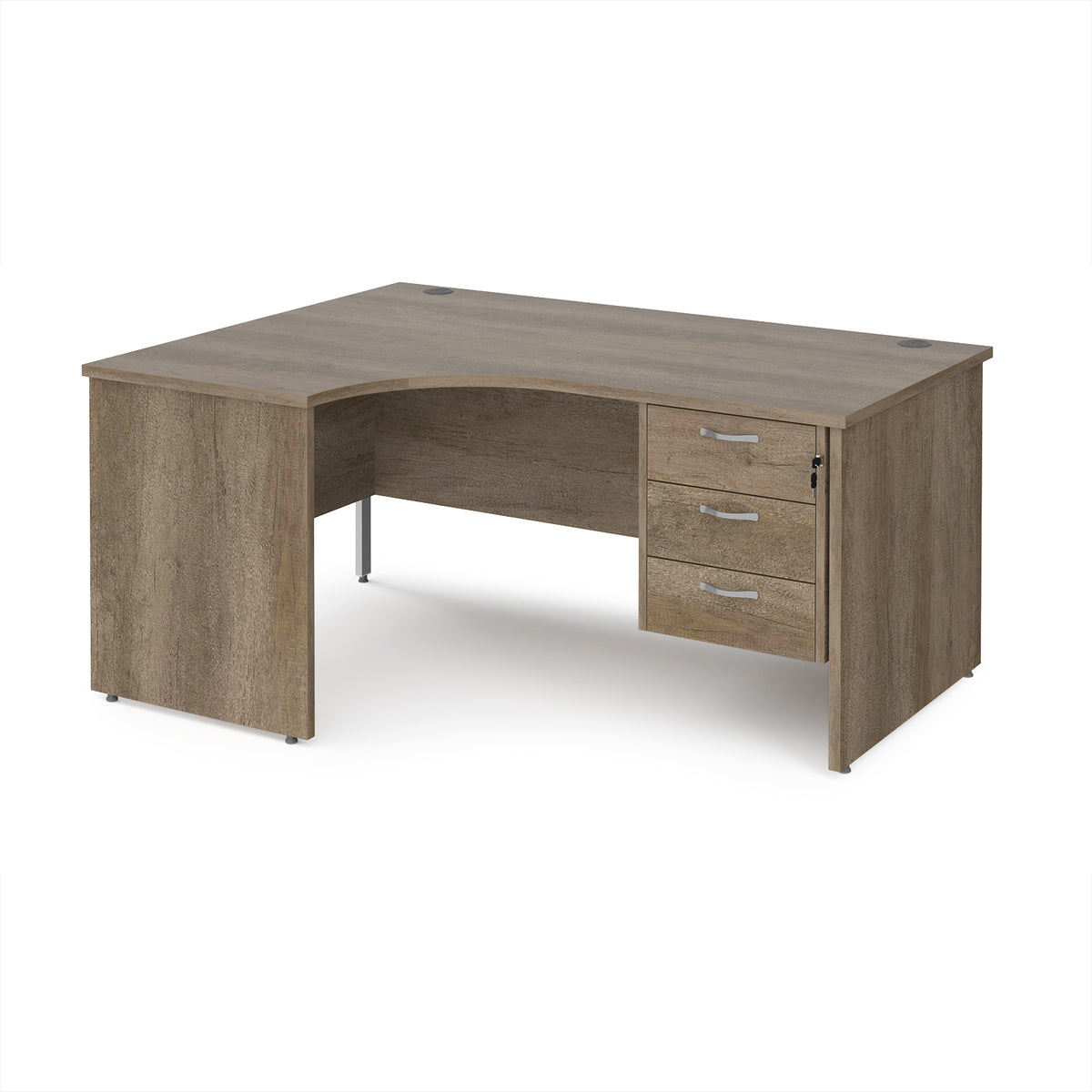 Maestro 25 left hand ergonomic desk 1600mm wide with 3 drawer pedestal - Nebraska Oak Top with panel end leg - view 1