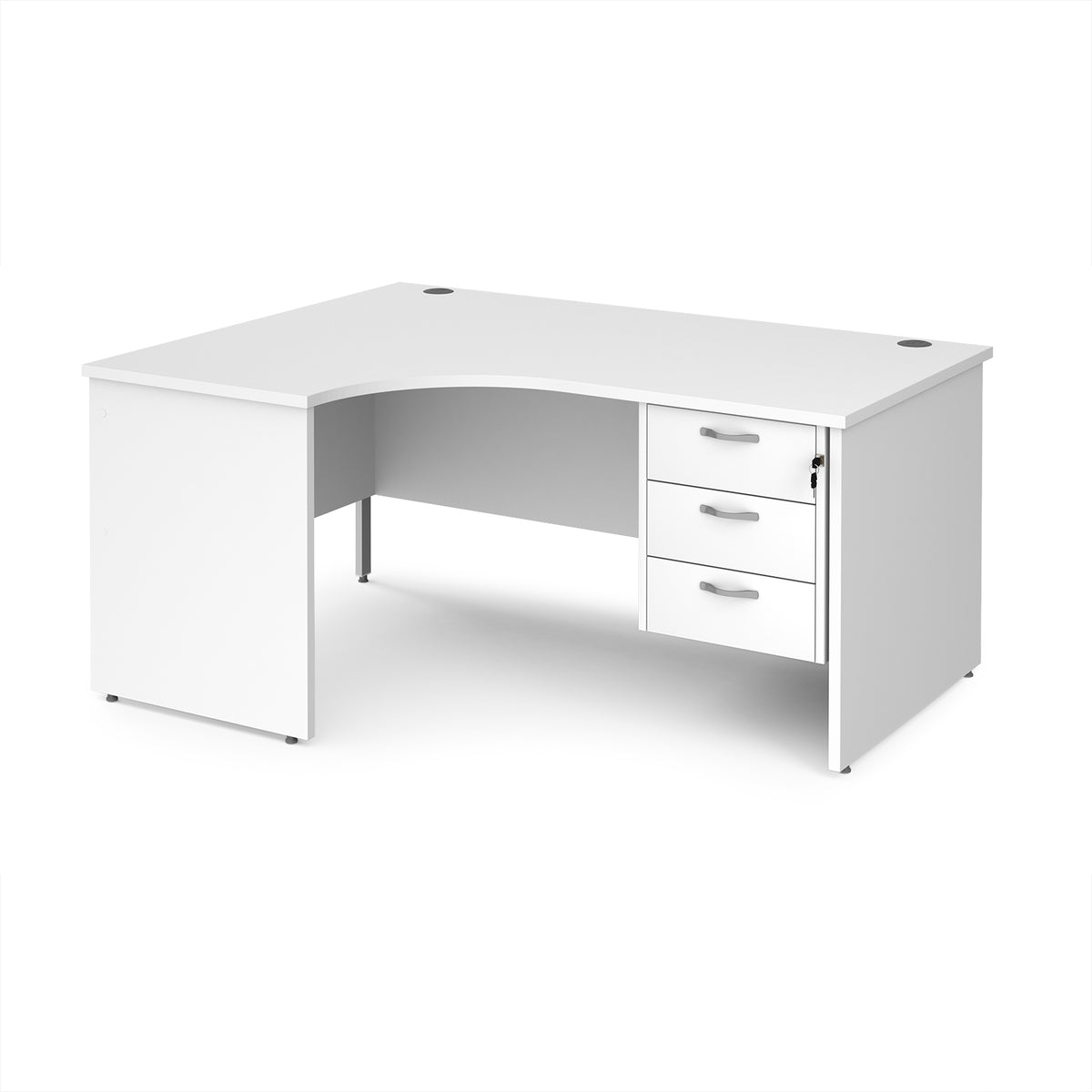 Maestro 25 left hand ergonomic desk 1600mm wide with 3 drawer pedestal - White Top with panel end leg - view 1