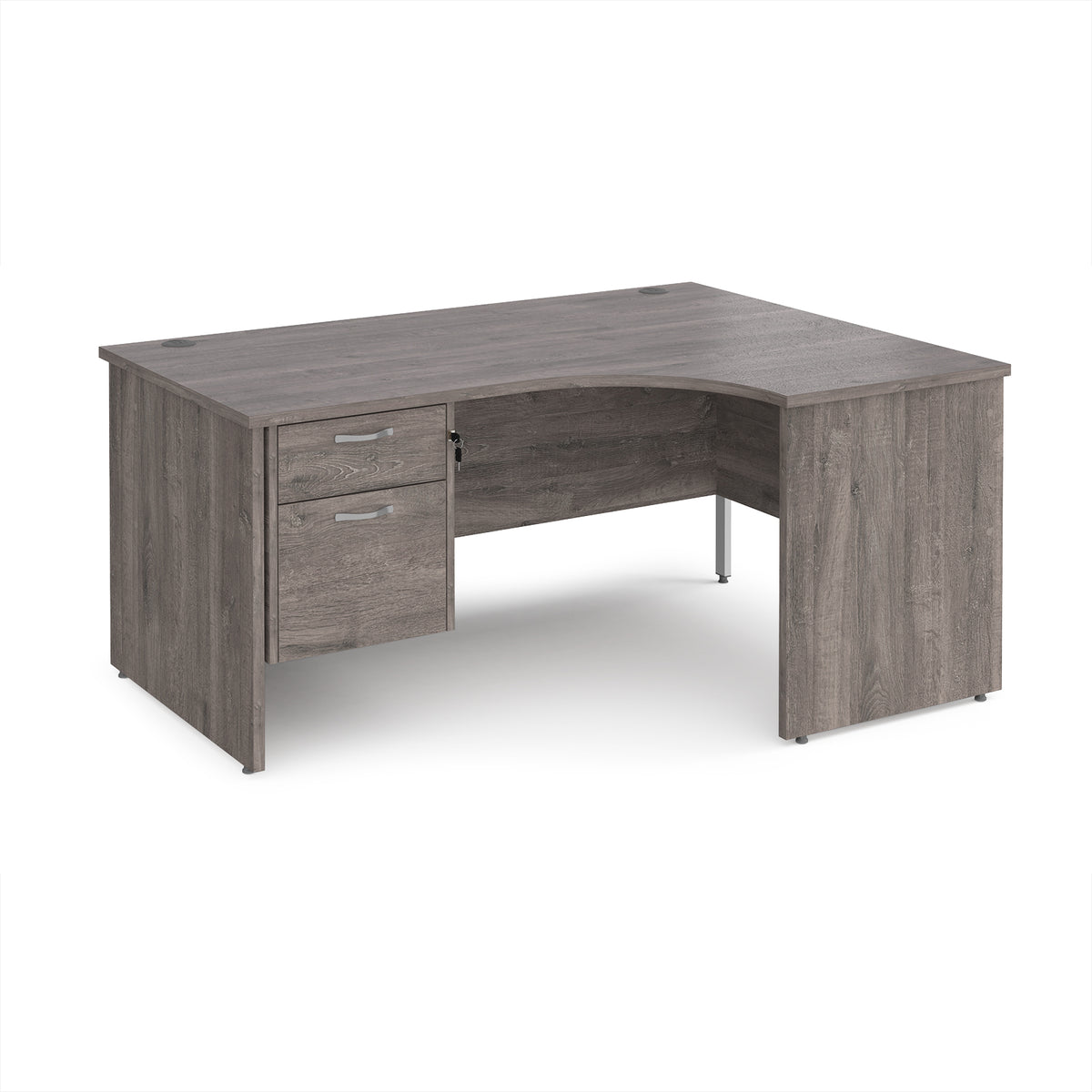 Maestro 25 right hand ergonomic desk 1600mm wide with 2 drawer pedestal - Grey Oak Top with panel end leg - view 1