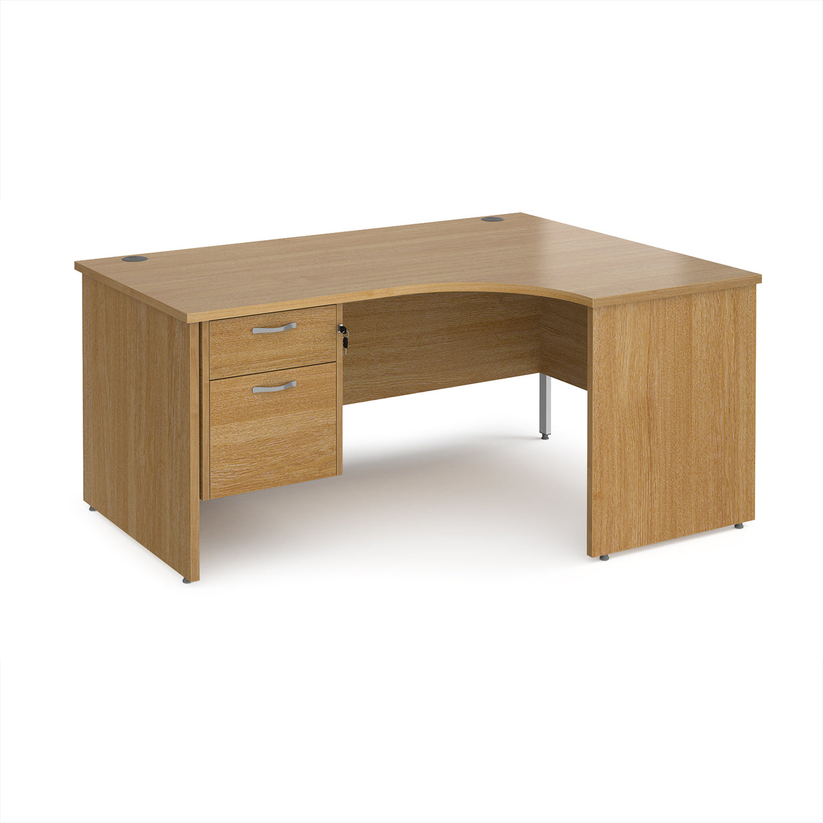 Maestro 25 right hand ergonomic desk 1600mm wide with 2 drawer pedestal - Oak Top with panel end leg - view 1